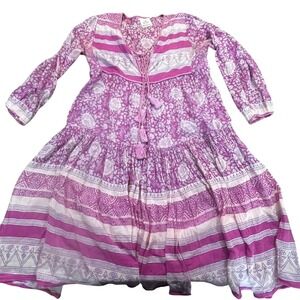 Blue Boheme Pink Floral Block Print Tassel‎ Tiered Midi Dress Womens Size S/M